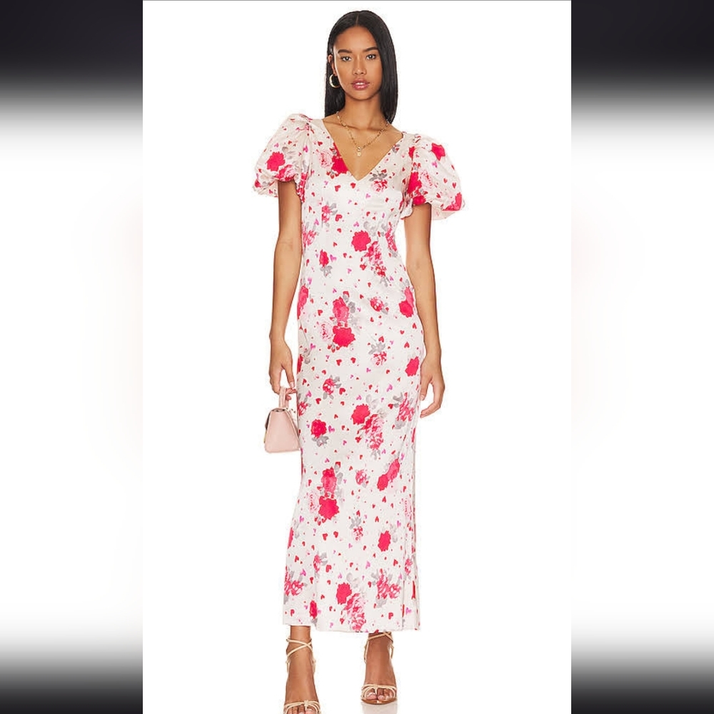 Maje DressRedFloral PrintRuffle & Keyhole AccentsShort Sleeve with Crew